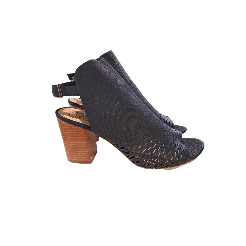 VINCE CAMUTO Badesti Black Suede Laser Cut Open Toe High Heel Booties NWOB Size
